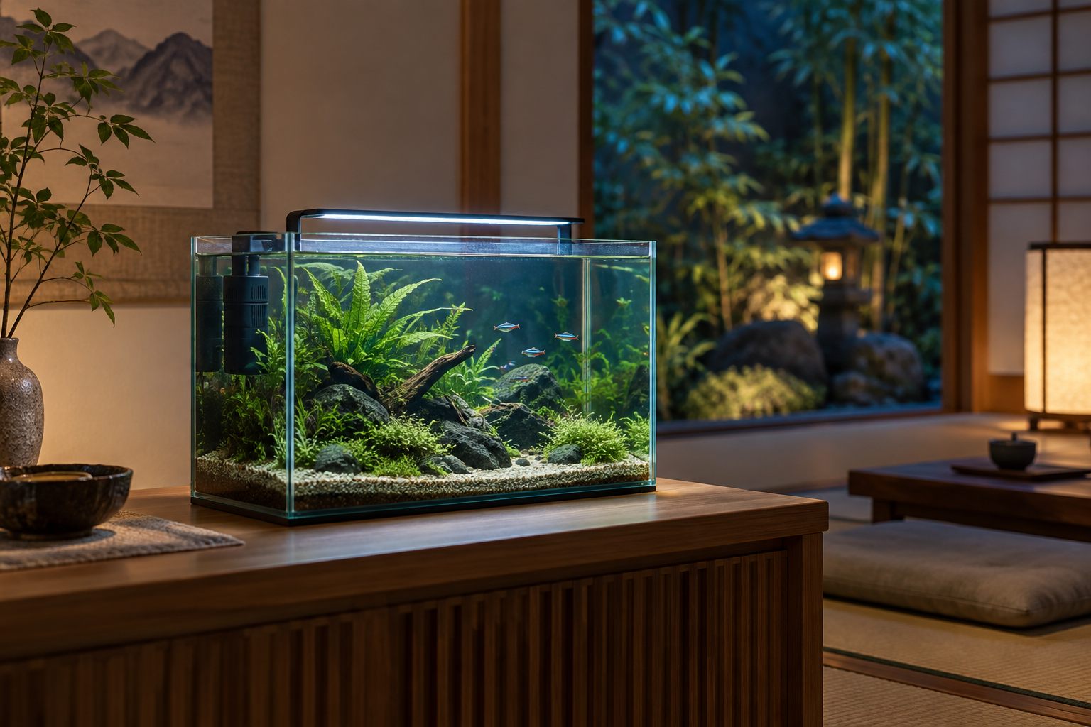 水草と照明を備えた落ち着いたアクアリウム