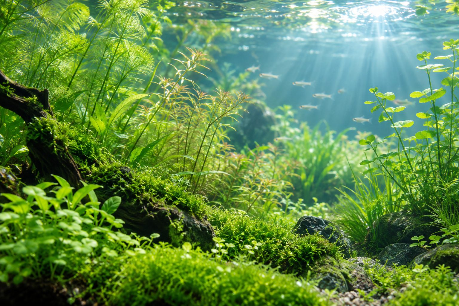 光が差し込む水槽で育つ緑の水草