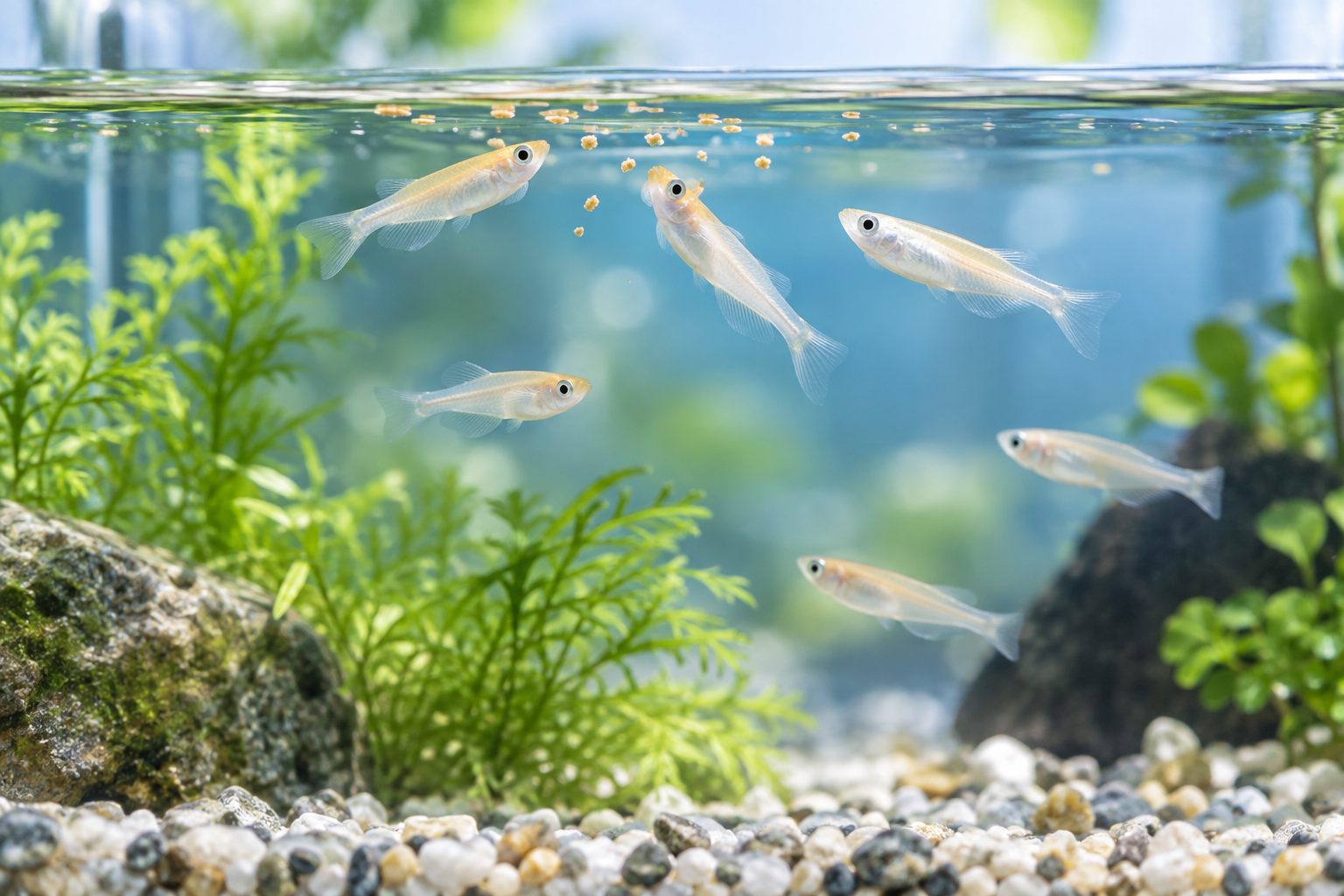 水草のある水槽で元気に泳ぐメダカ