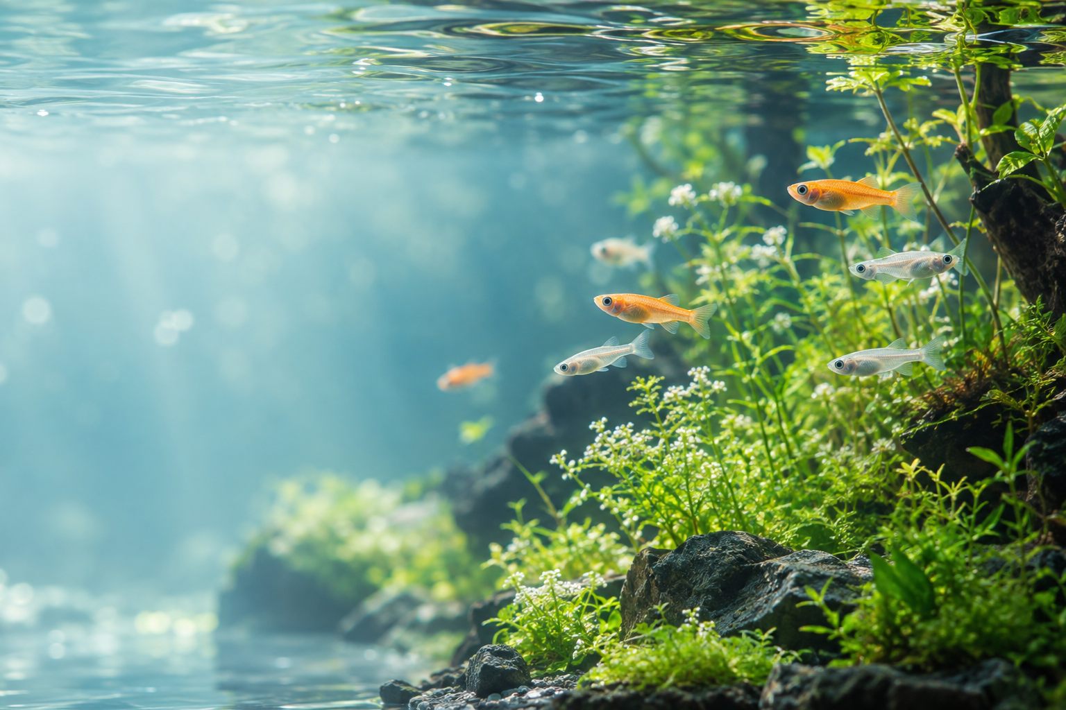 水草の間を泳ぐ色とりどりのメダカ