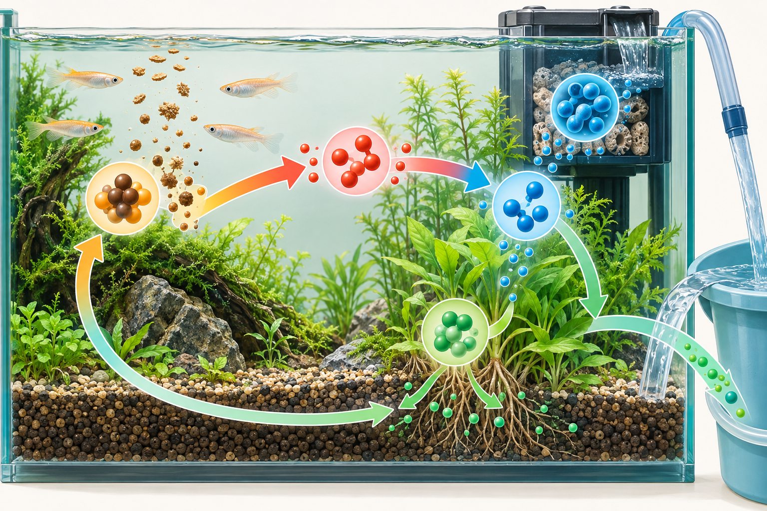 水槽内で排泄物がバクテリアに分解され水草や換水へつながる循環図