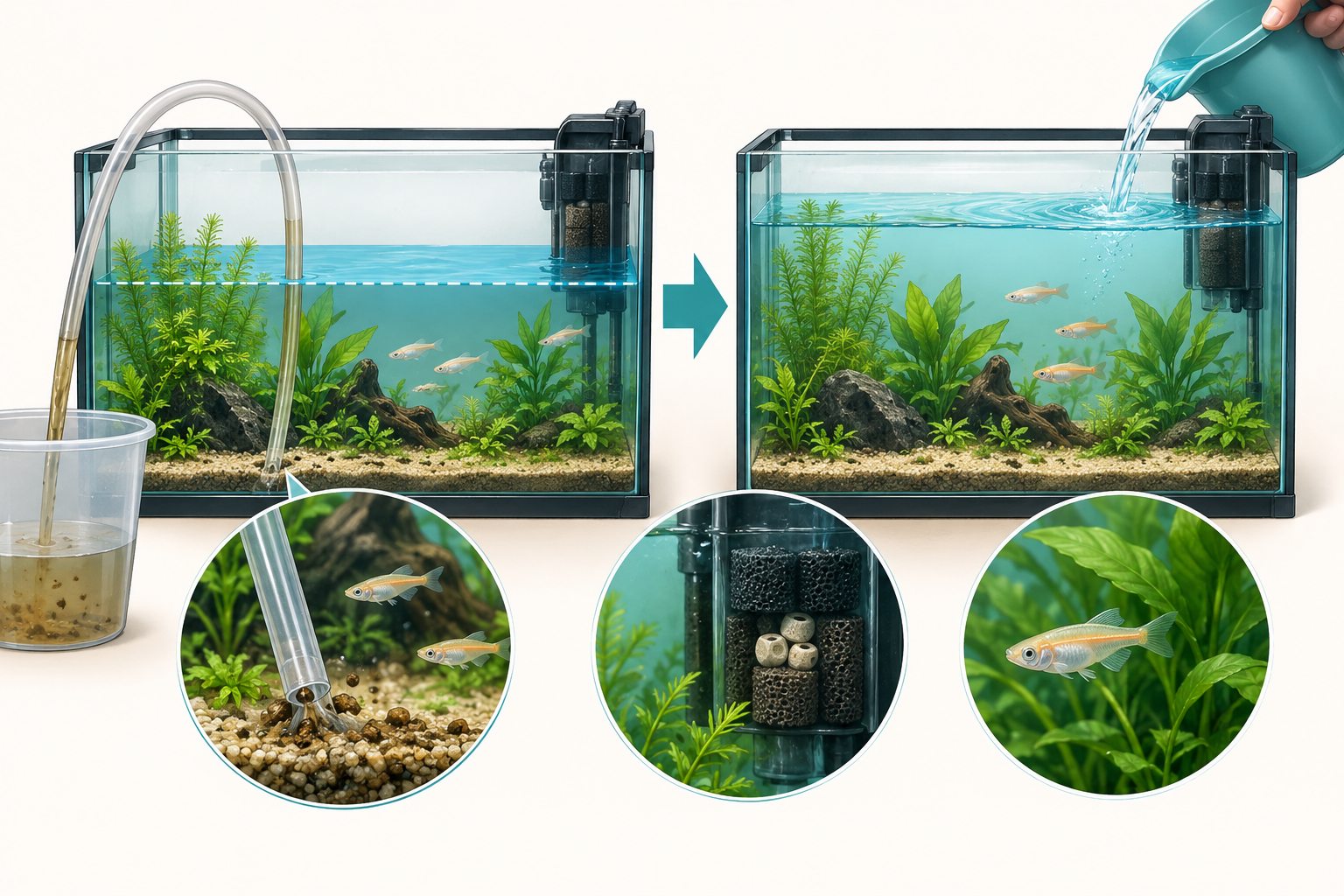 水槽の一部の水と底床の汚れを抜き準備した水をゆっくり戻す図