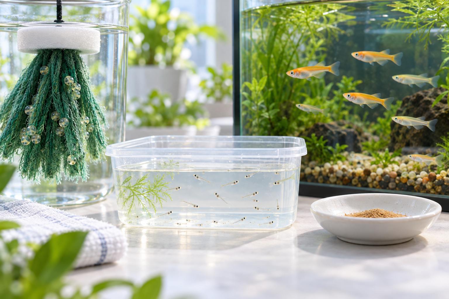 産卵床の卵、針子、成魚までを見渡せるメダカ繁殖環境