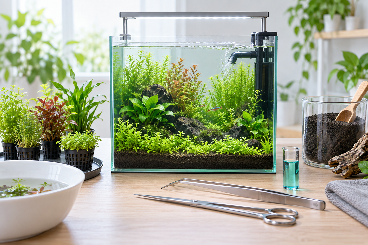 照明、ろ過、水草、底床を整えた水草水槽の作業環境